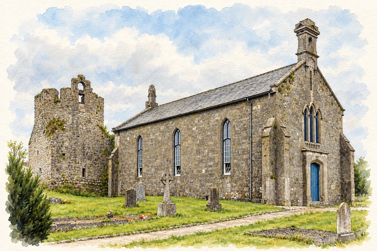 Watercolour and fine ink illustration of Saint Mary's Church of Ireland, Askeaton.