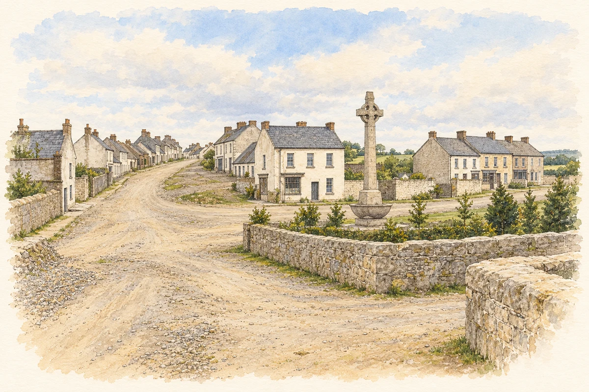 Watercolour and fine ink illustration of Village square and cross, Shanagolden, circa1900.