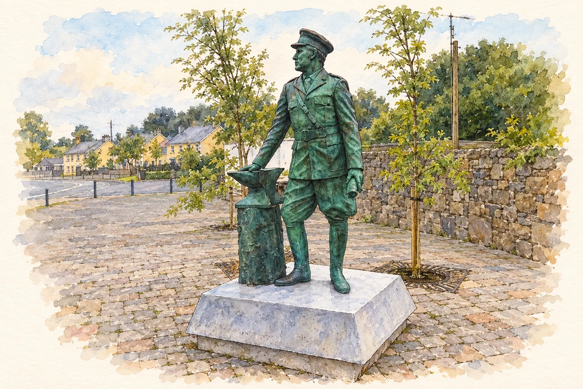 Watercolour and fine ink illustration of Seán MacEoin memorial statue, Ballinalee.