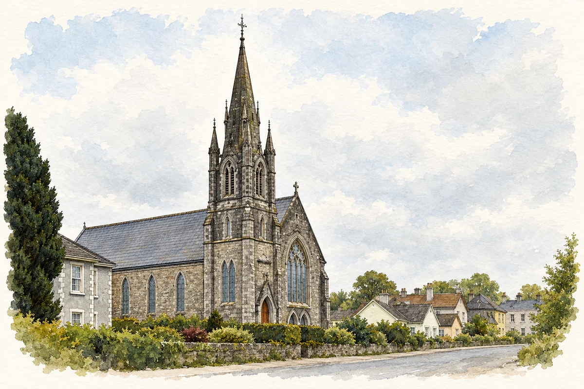 Watercolour and fine ink illustration of Saint Mary's Catholic Church, Edgeworthstown.
