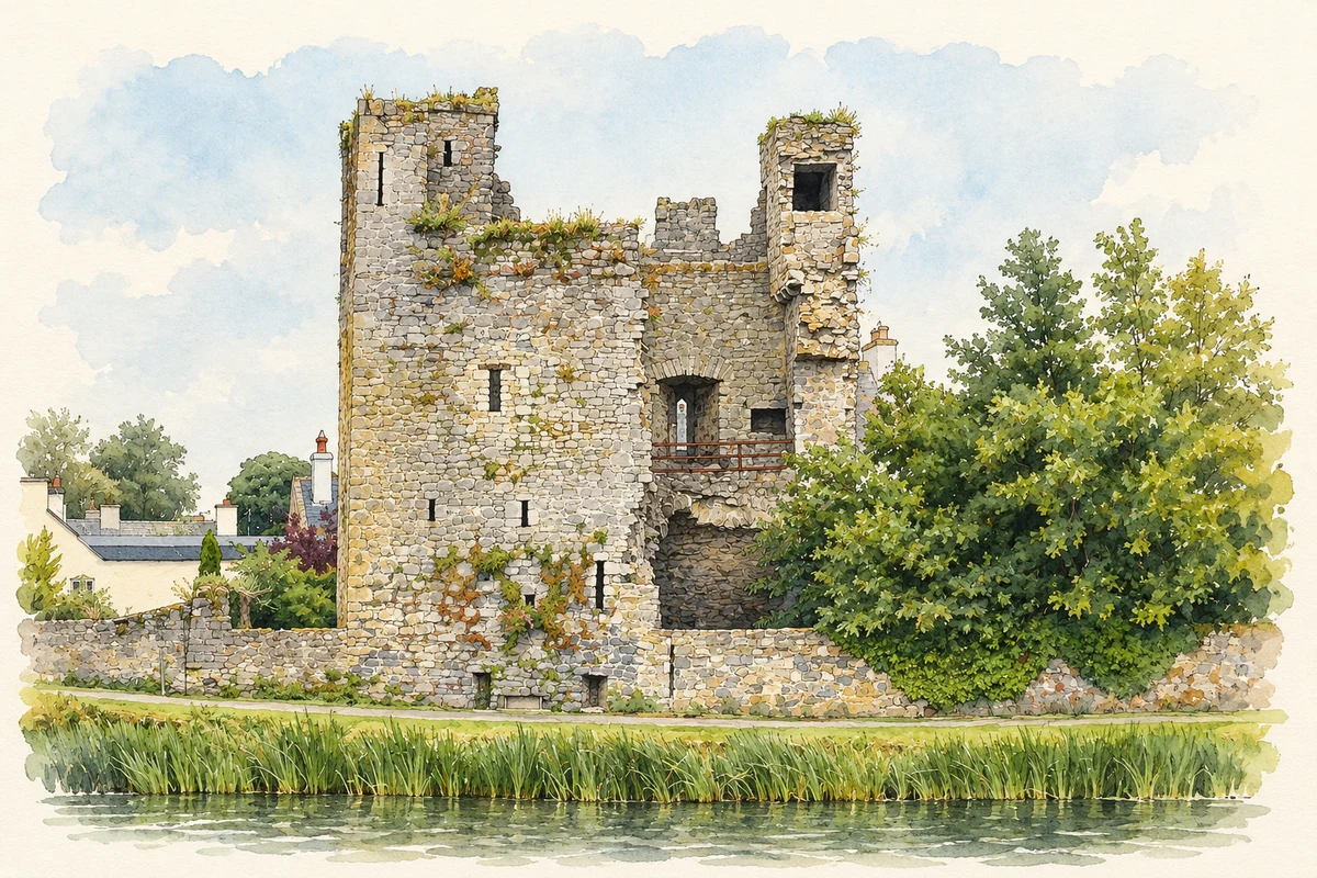 Watercolour and fine ink illustration of Black Castle, Leighlinbridge.