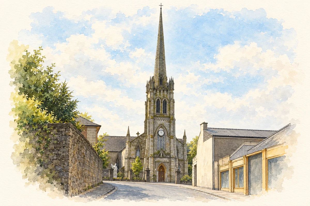 Watercolour and fine ink illustration of St Andrew's Church, Bagenalstown, County Carlow.