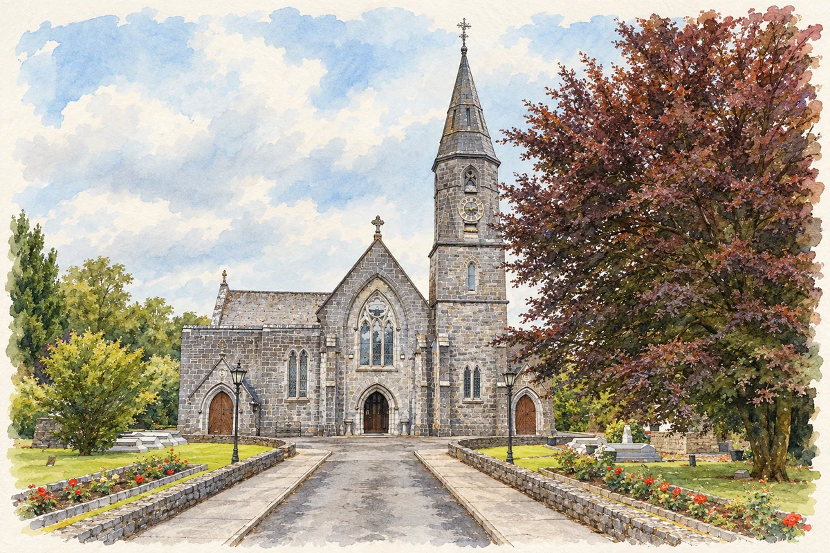 Watercolour and fine ink illustration of St Mary's Catholic Church, Ballinrobe.