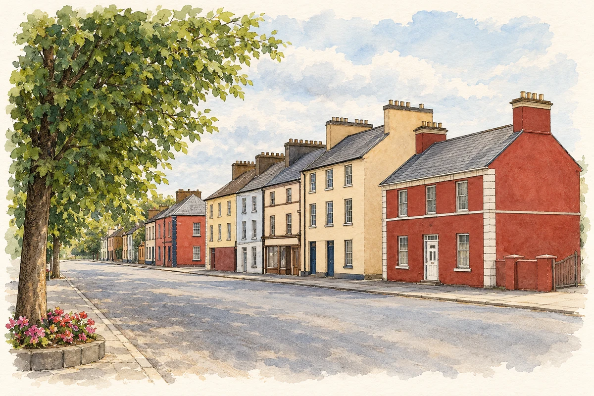 Watercolour and fine ink illustration of Main Street, Ballindine.