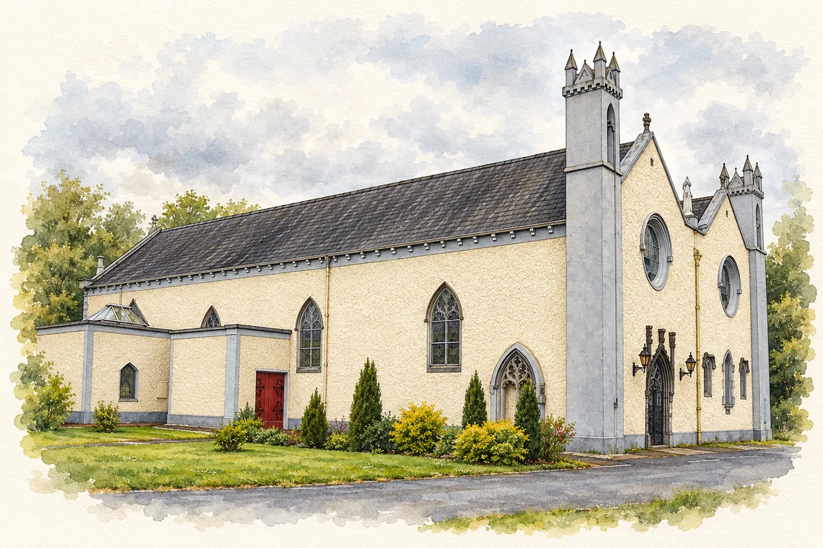 Watercolour and fine ink illustration of St Mary's Friary Church, Ballyhaunis, County Mayo.