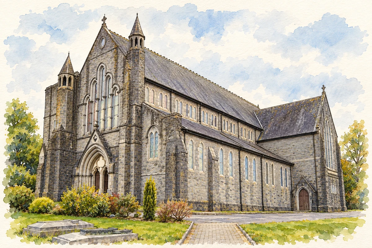 Watercolour and fine ink illustration of St Colman's Church, Claremorris, County Mayo.