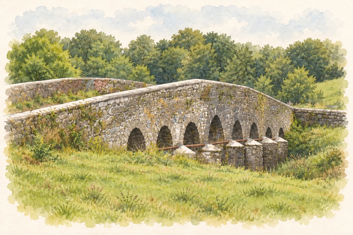 Watercolour and fine ink illustration of Doonmacreena Bridge over the Dalgan River, near Irishtown, County Mayo.