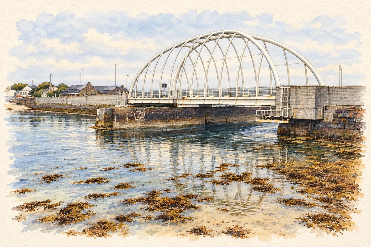 Watercolour and fine ink illustration of Michael Davitt swing bridge at Achill Sound.