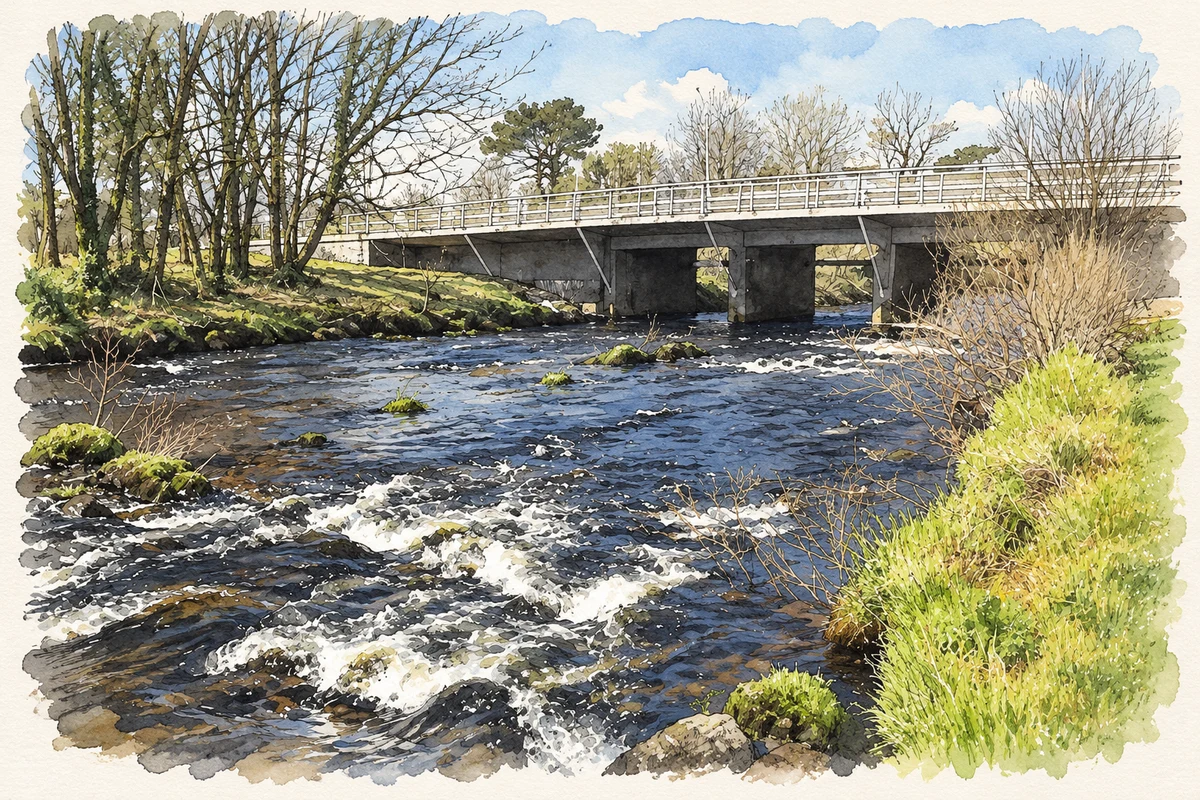 Watercolour and fine ink illustration of Bunowen River and bridge, Louisburgh.