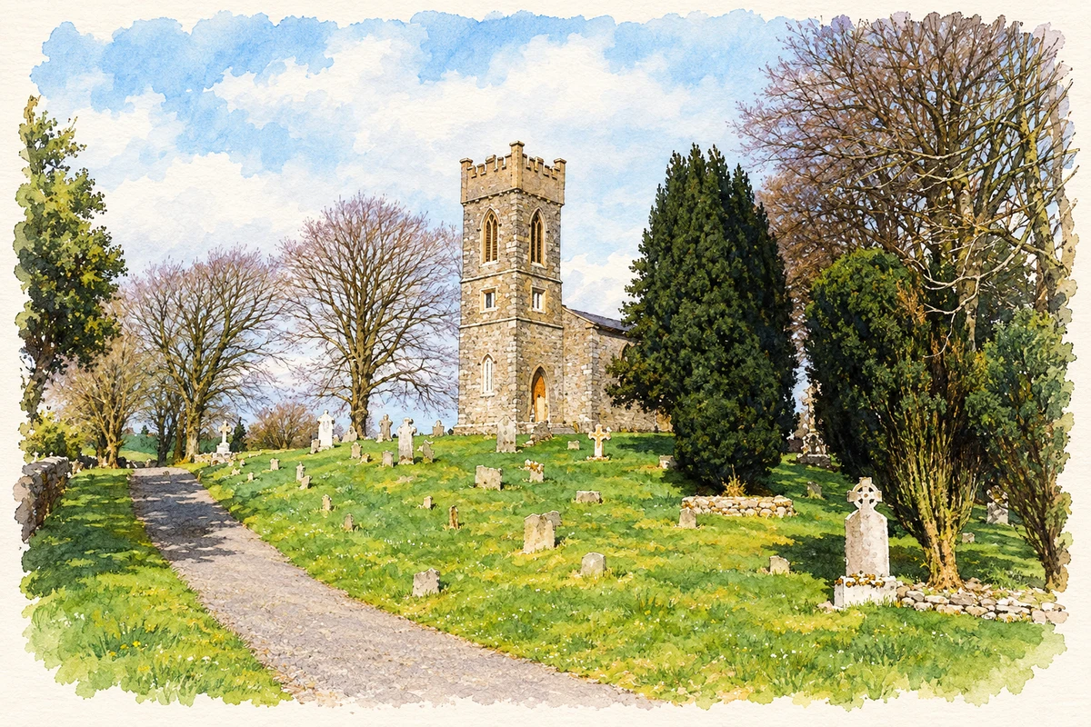 Watercolour and fine ink illustration of Church of Ireland and graveyard at Mullagh.