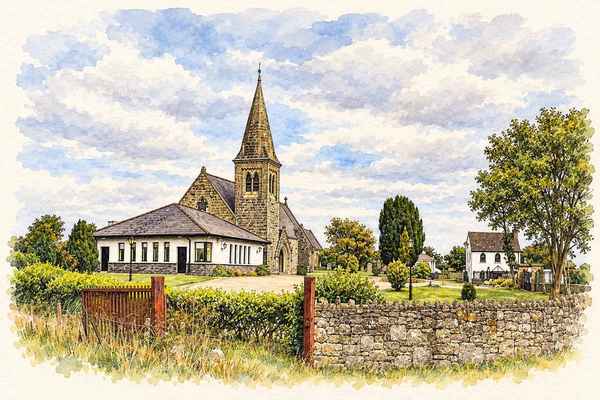 Watercolour and fine ink illustration of Saint Mary's Church of Ireland, Julianstown.