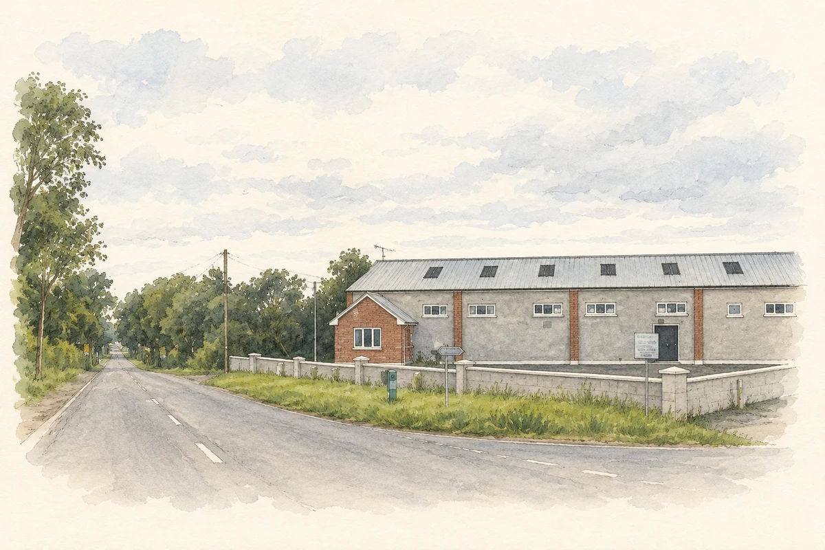 Watercolour and fine ink illustration of Wilkinstown Community Centre, County Meath, as photographed in July 2012.