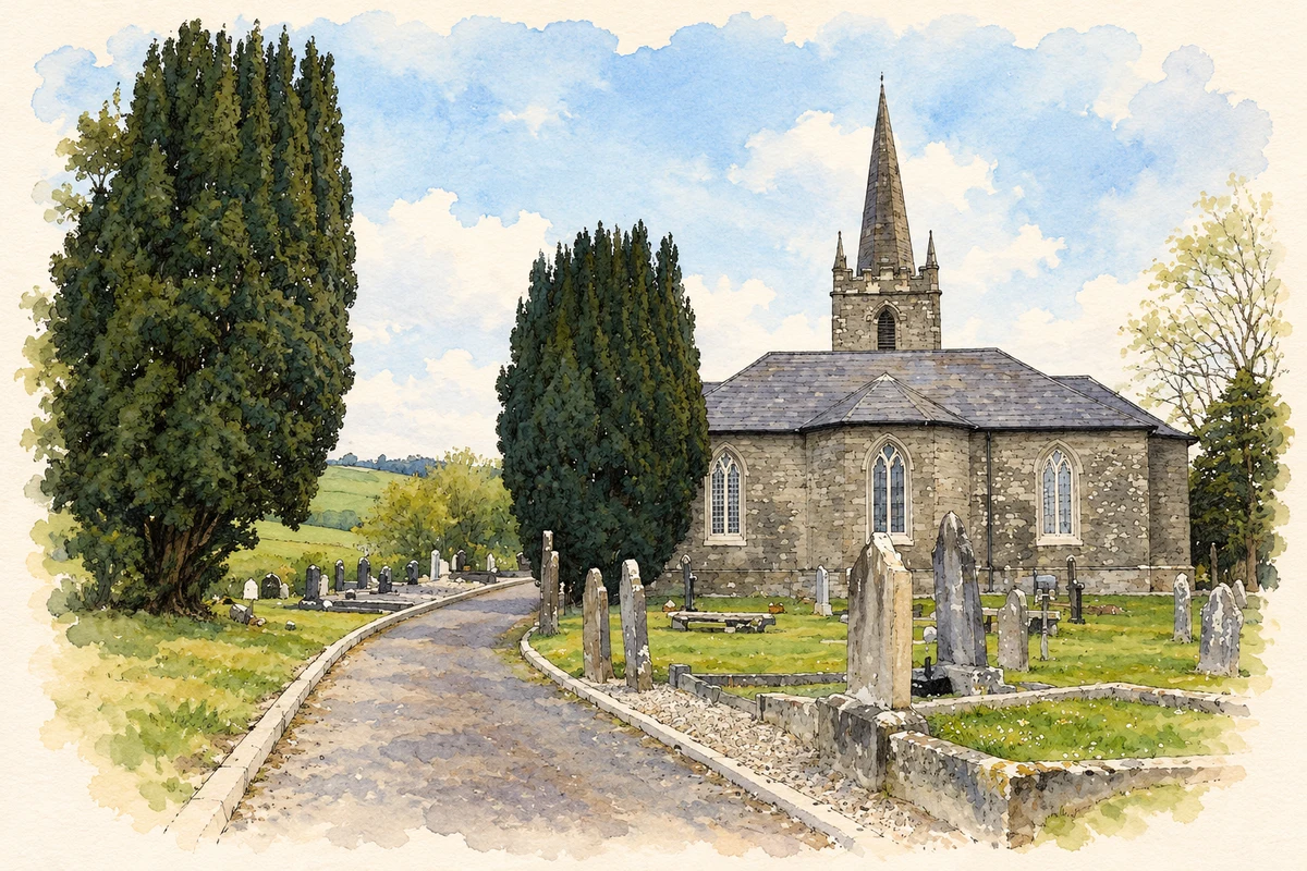 Watercolour and fine ink illustration of Tomregan Church of Ireland, Ballyconnell.