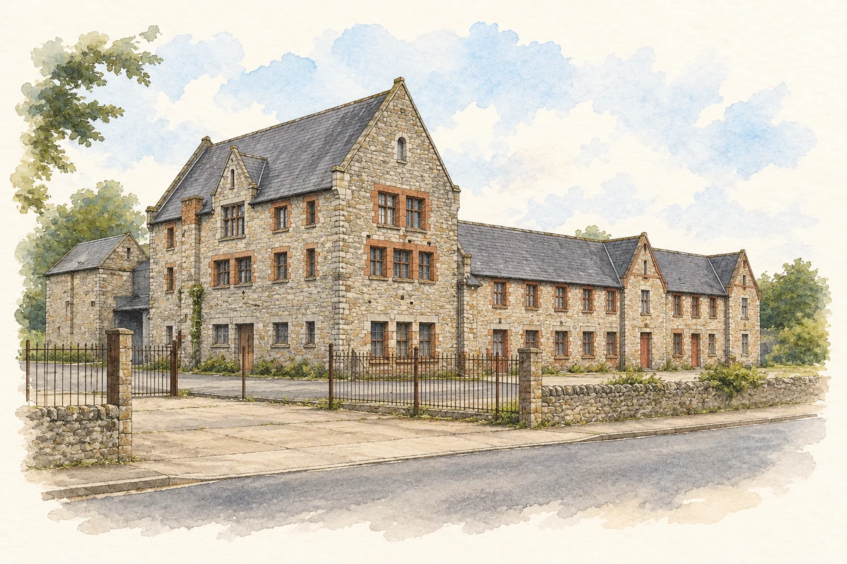 Watercolour and fine ink illustration of Restored Union Workhouse entrance block, Carrickmacross, County Monaghan in Carrickmacross.