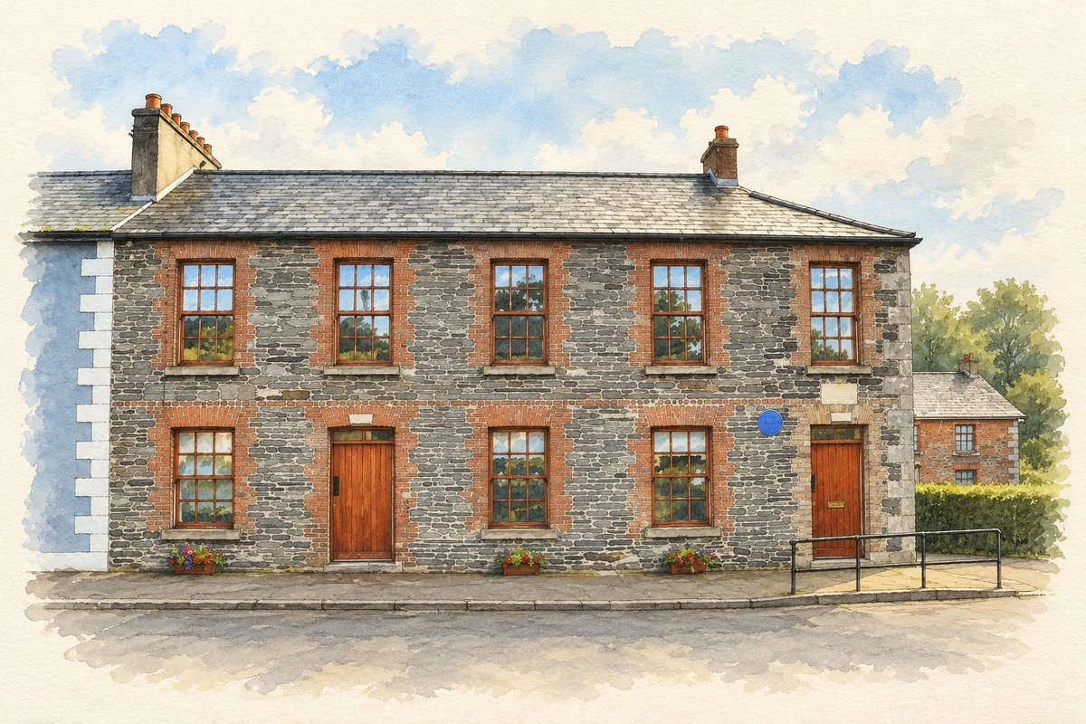 Watercolour and fine ink illustration of Rockcorry former National School.