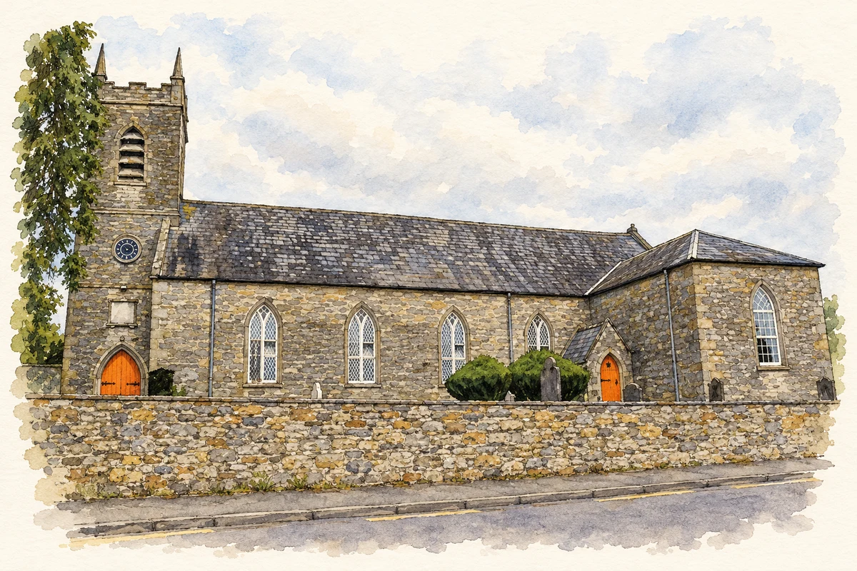 Watercolour and fine ink illustration of St Dympna's Church, Bellanode.