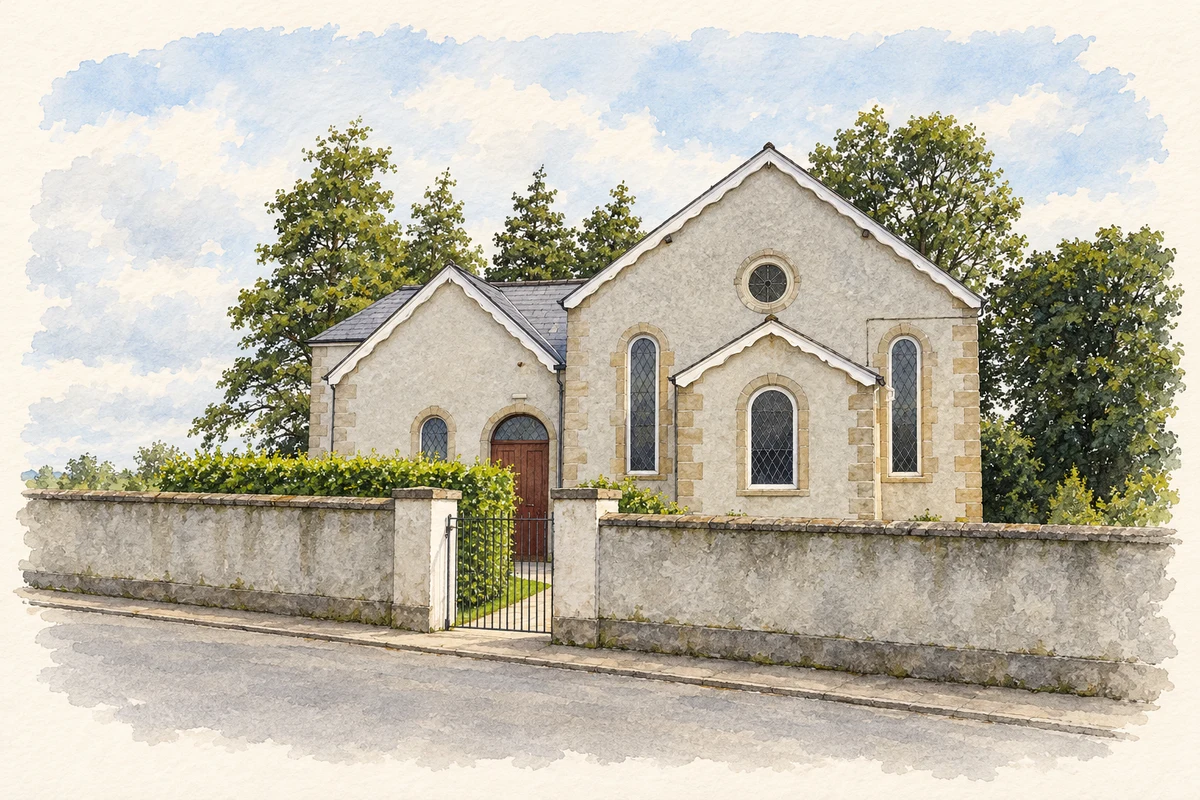 Watercolour and fine ink illustration of Presbyterian Church, Smithborough.