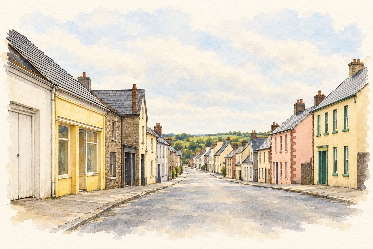 Watercolour and fine ink illustration of Main Street, Emyvale.