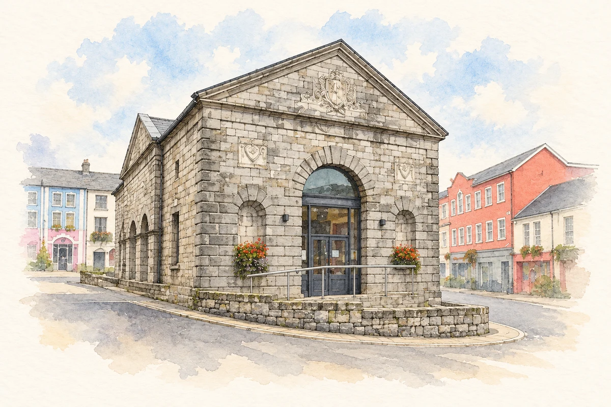 Watercolour and fine ink illustration of Monaghan Market House, County Monaghan in Monaghan.