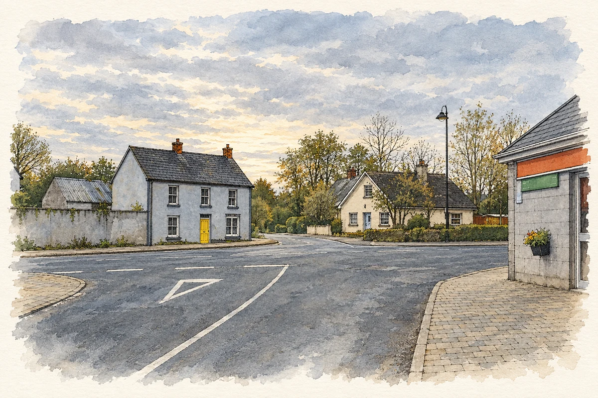 Watercolour and fine ink illustration of Village centre, Scotstown.