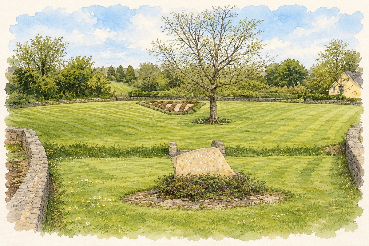 Watercolour and fine ink illustration of Millennium stone and village park, Keadew.