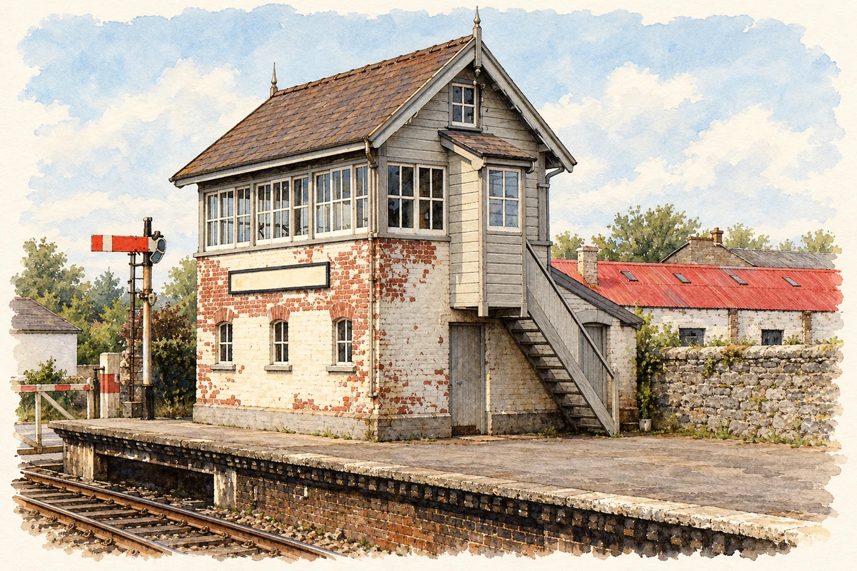 Watercolour and fine ink illustration of Castlerea station signal cabin, 3 May 1982.