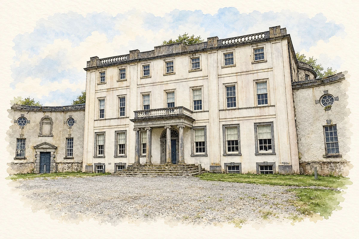 Watercolour and fine ink illustration of Central front facade of Strokestown Park House.