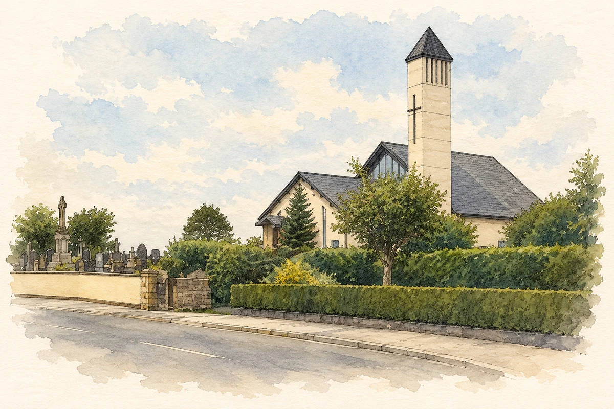Watercolour and fine ink illustration of St Felim's Church, Ballinagh (Bellananagh).