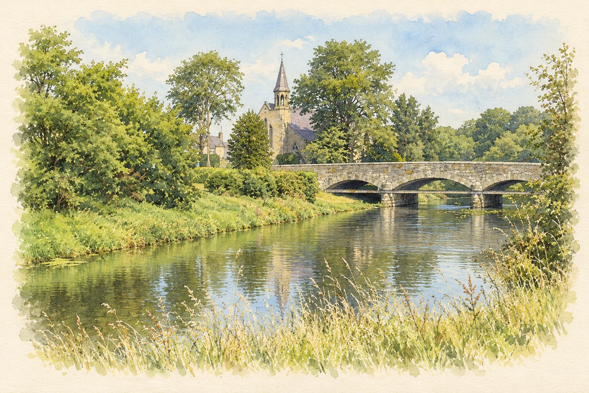 Watercolour and fine ink illustration of River Annalee, bridge and St Aidan's Church at Butlersbridge.