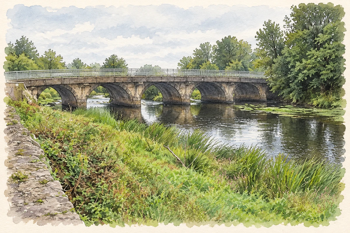 Watercolour and fine ink illustration of Ballysadare Bridge and river.