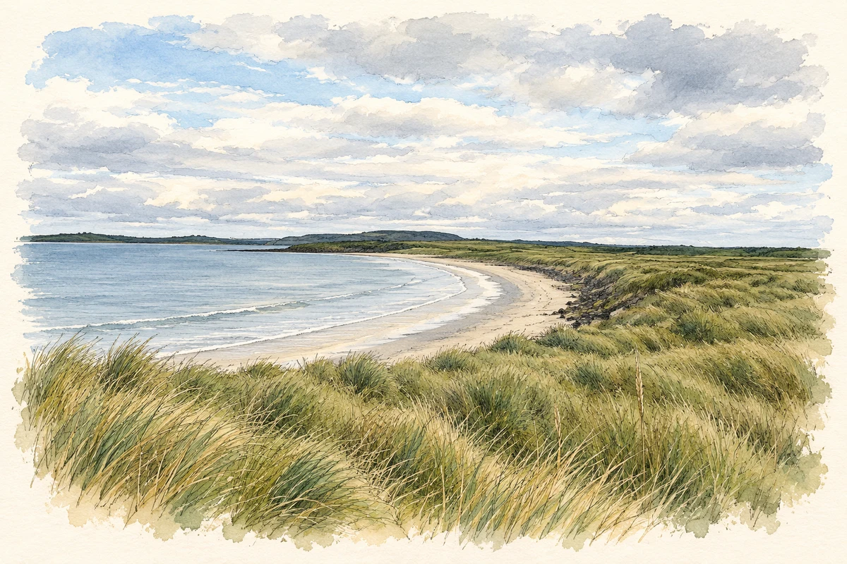 Watercolour and fine ink illustration of Rosses Point beach and dunes.