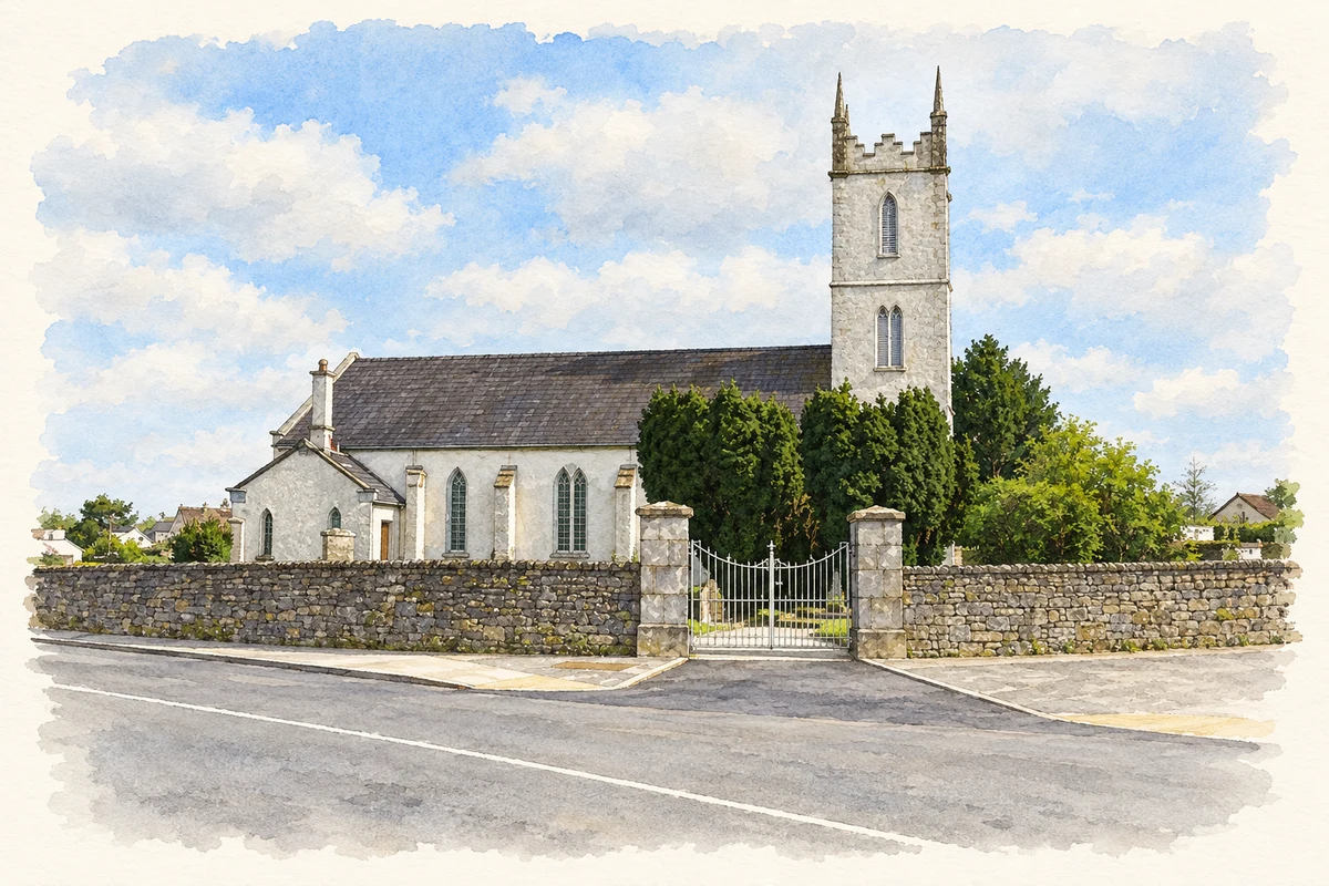 Watercolour and fine ink illustration of Borrisokane Church of Ireland church.