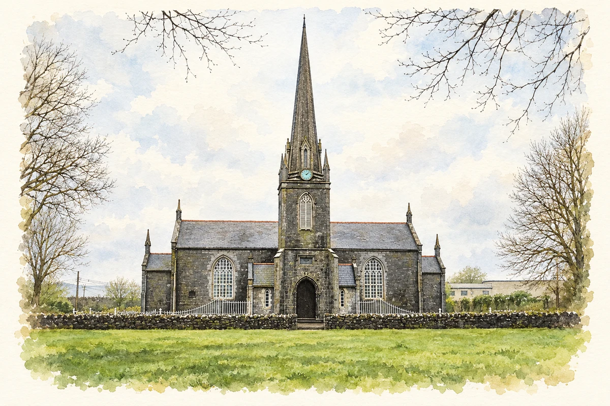 Watercolour and fine ink illustration of St Kieran's Church, Cloughjordan.