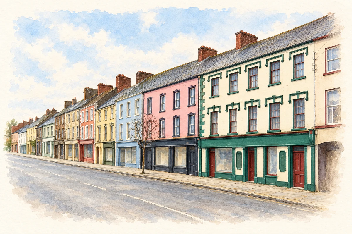 Watercolour and fine ink illustration of Market Street, Cootehill.