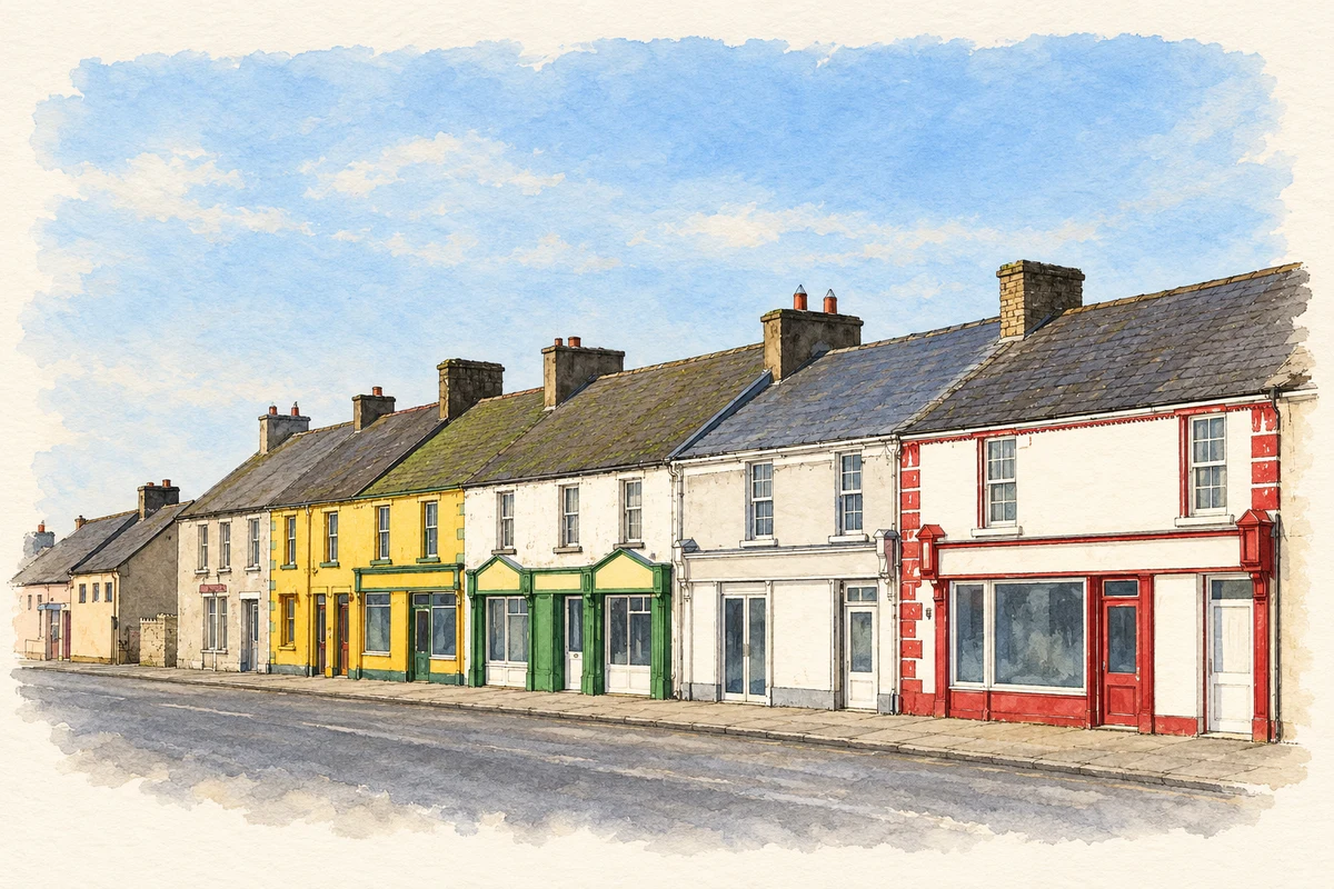 Watercolour and fine ink illustration of Village streetscape, Littleton.