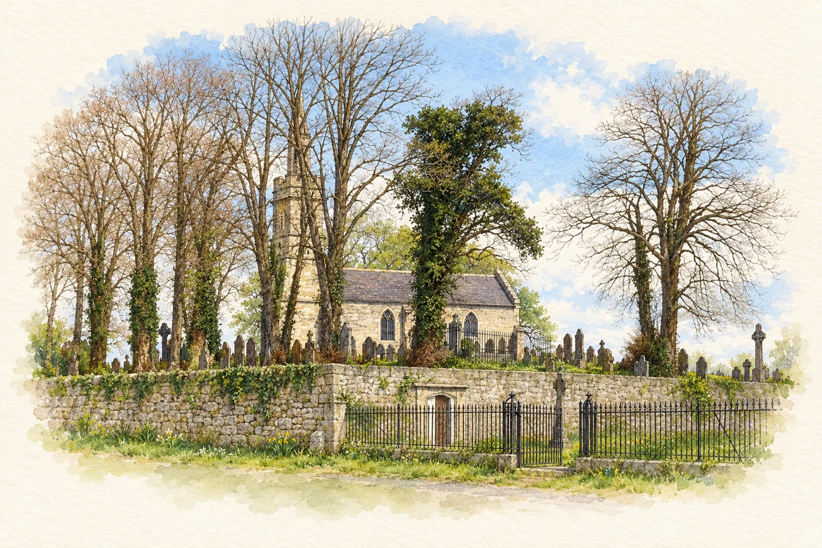 Watercolour and fine ink illustration of Bansha church and graveyard in Bansha.