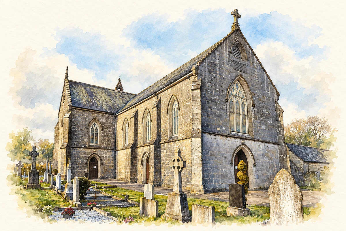 Watercolour and fine ink illustration of Church of the Immaculate Conception, Drangan, County Tipperary.