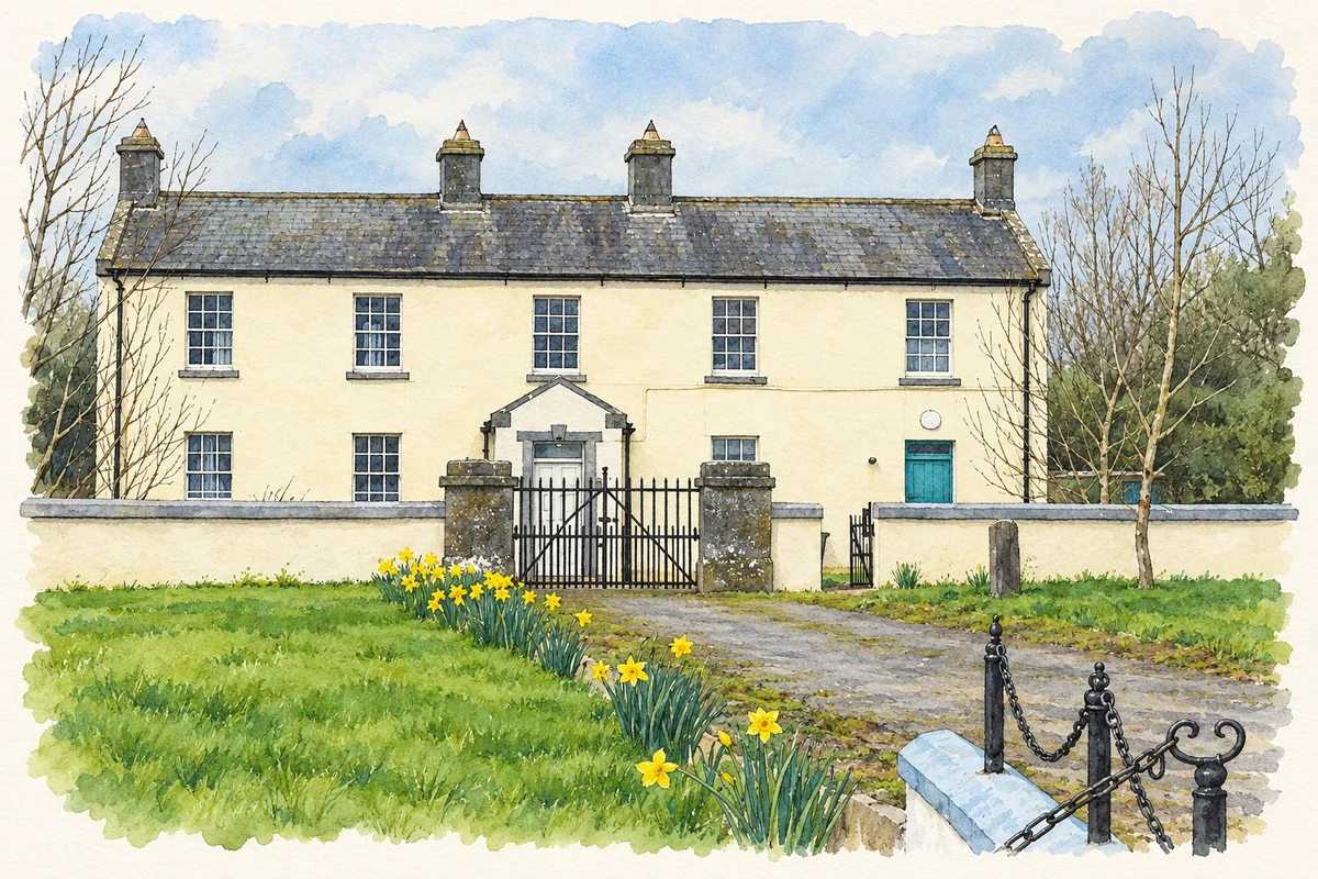 Watercolour and fine ink illustration of The station building at Newinn, as photographed in March 2007.
