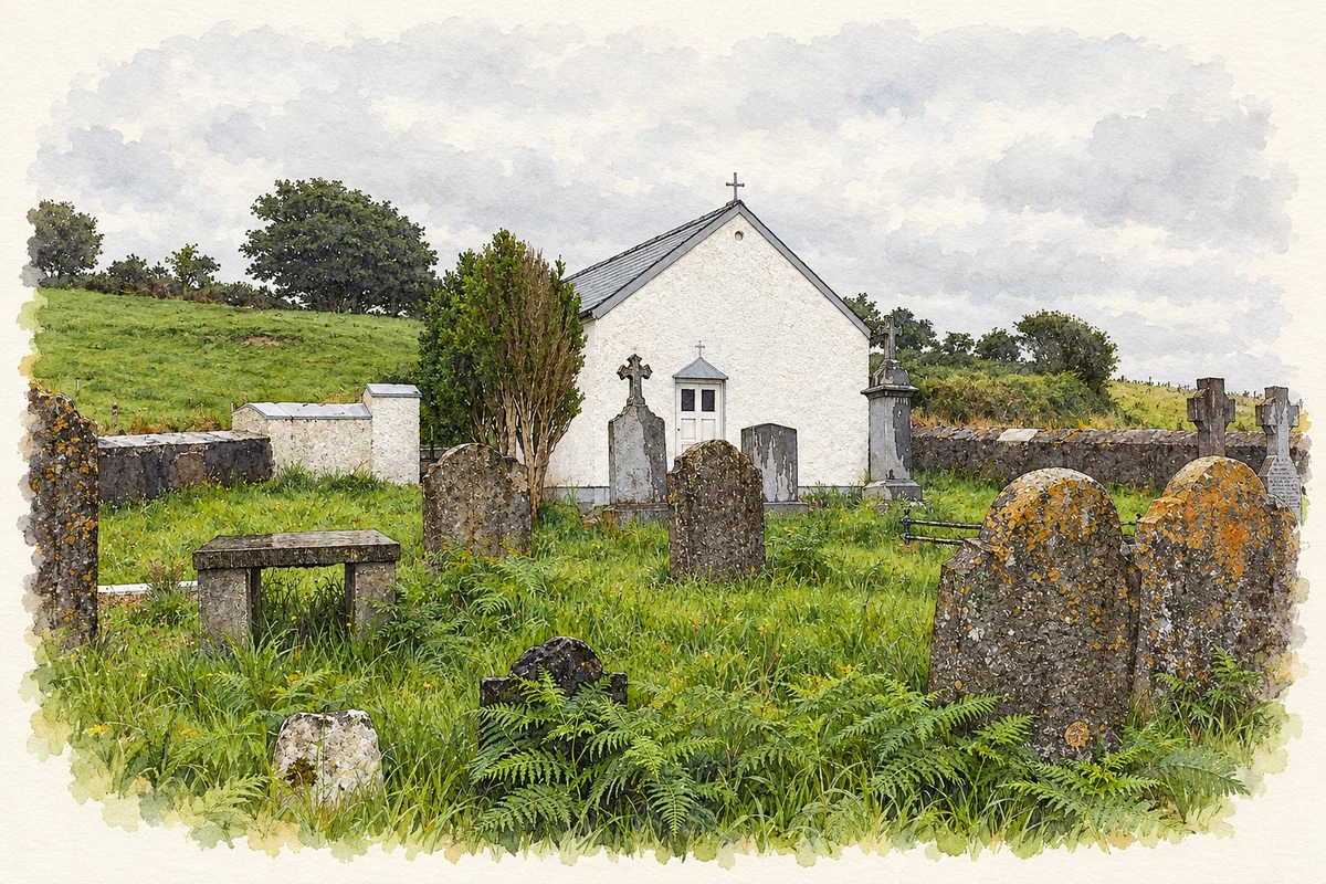 Watercolour and fine ink illustration of Faugheen Chapel and graveyard, near Kill, County Waterford.