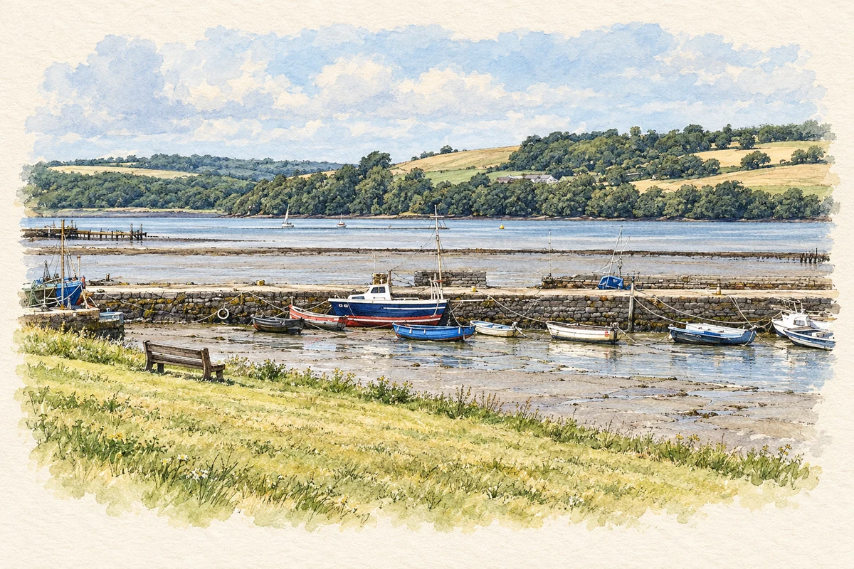 Watercolour and fine ink illustration of Cheekpoint Harbour at low tide.