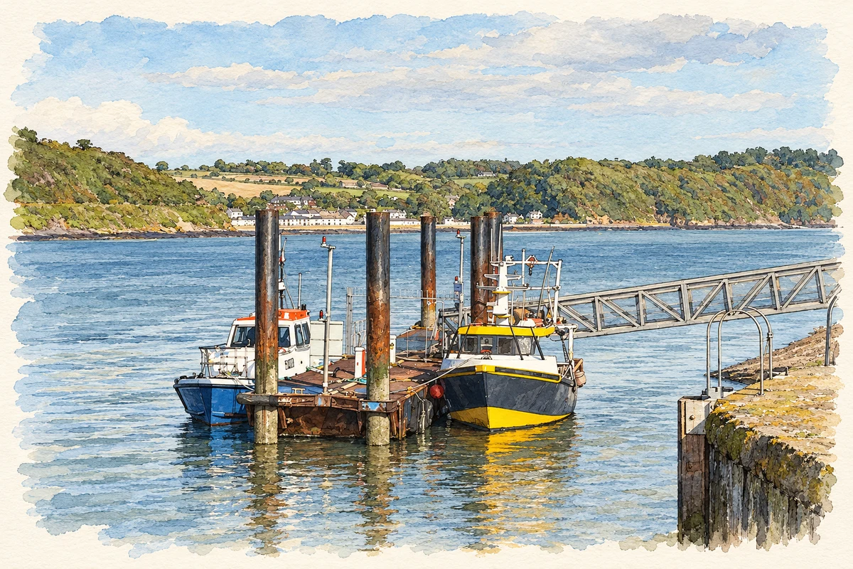 Watercolour and fine ink illustration of Passage East Harbour.
