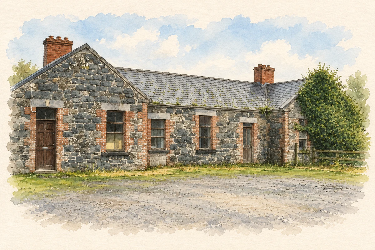 Watercolour and fine ink illustration of Former Killeshandra railway station.