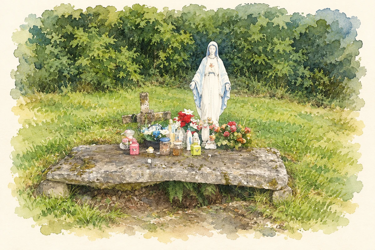 Watercolour and fine ink illustration of Devotional grave in Kill cemetery, near Kilnaleck.