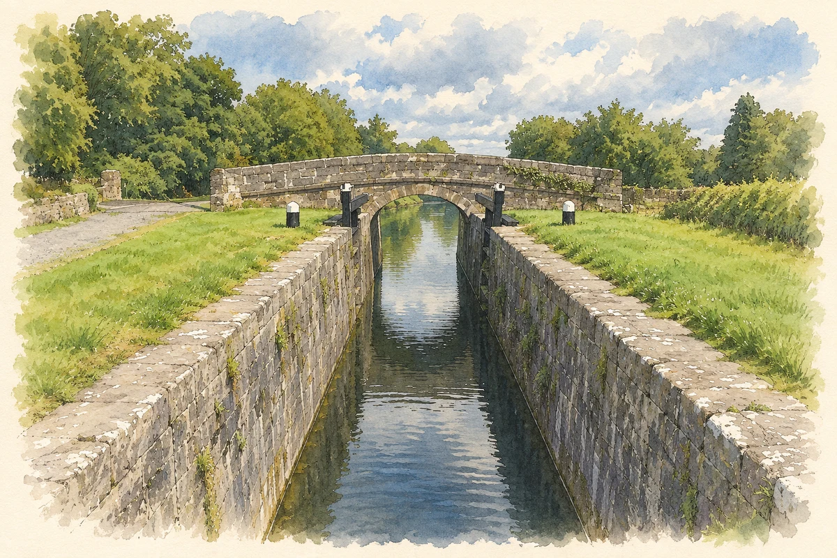 Watercolour and fine ink illustration of Royal Canal and Thomastown Bridge, near Rathwire.