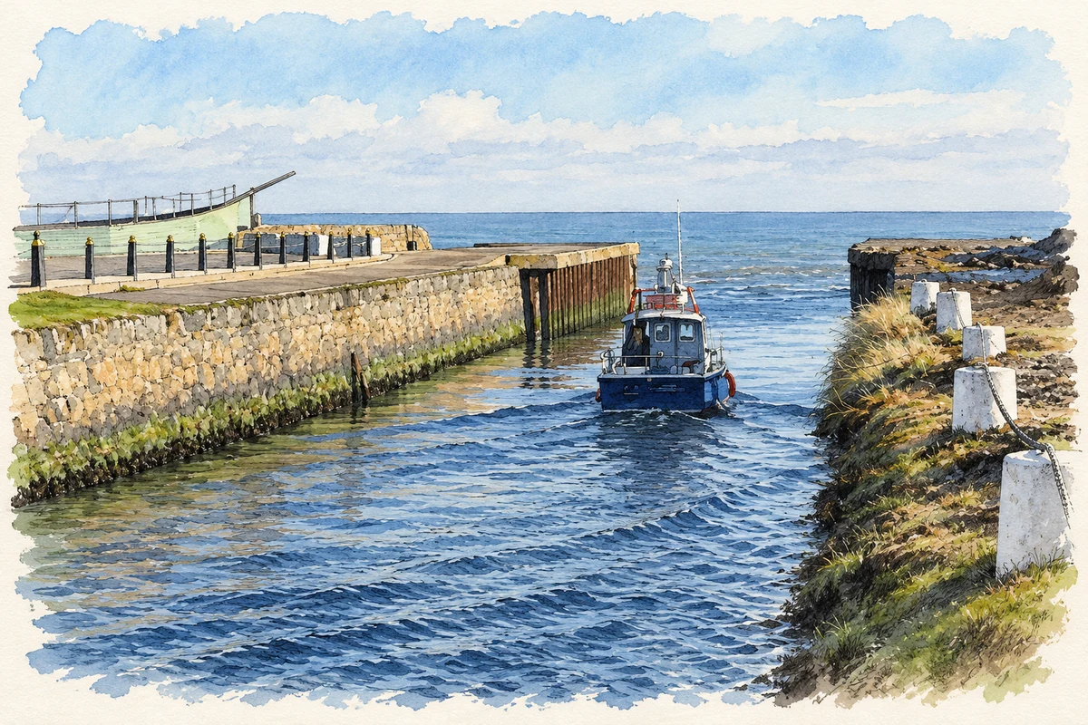 Watercolour and fine ink illustration of Entrance channel at Courtown Harbour.