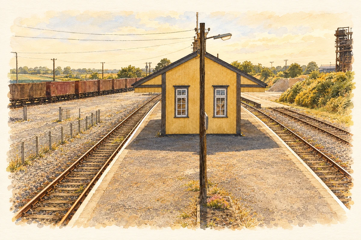 Watercolour and fine ink illustration of Wellingtonbridge railway station, as photographed in July 2006.