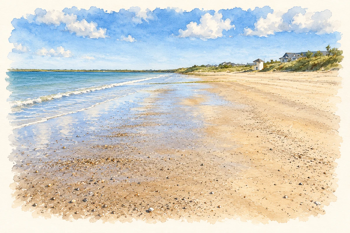 Watercolour and fine ink illustration of Rosslare Strand beach, County Wexford.