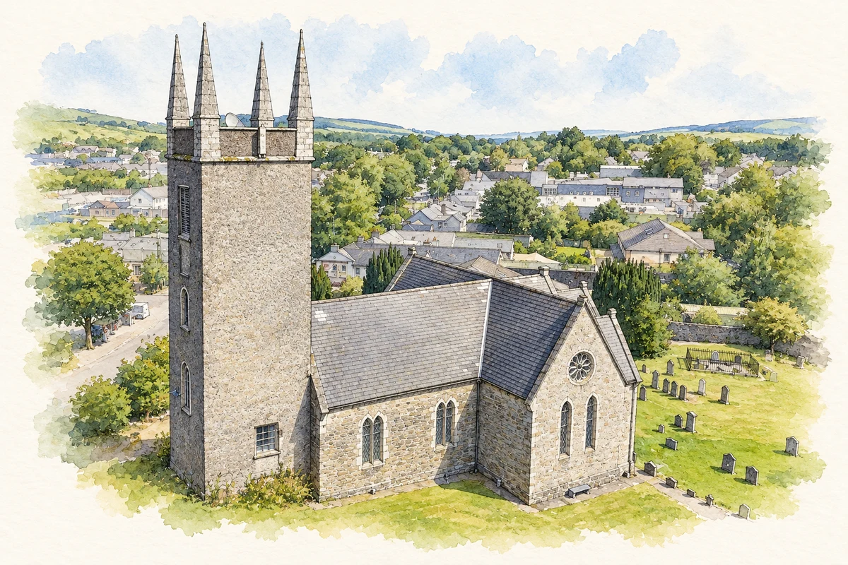 Watercolour and fine ink illustration of Saint Mary's Church of Ireland, Blessington, County Wicklow in Blessington.