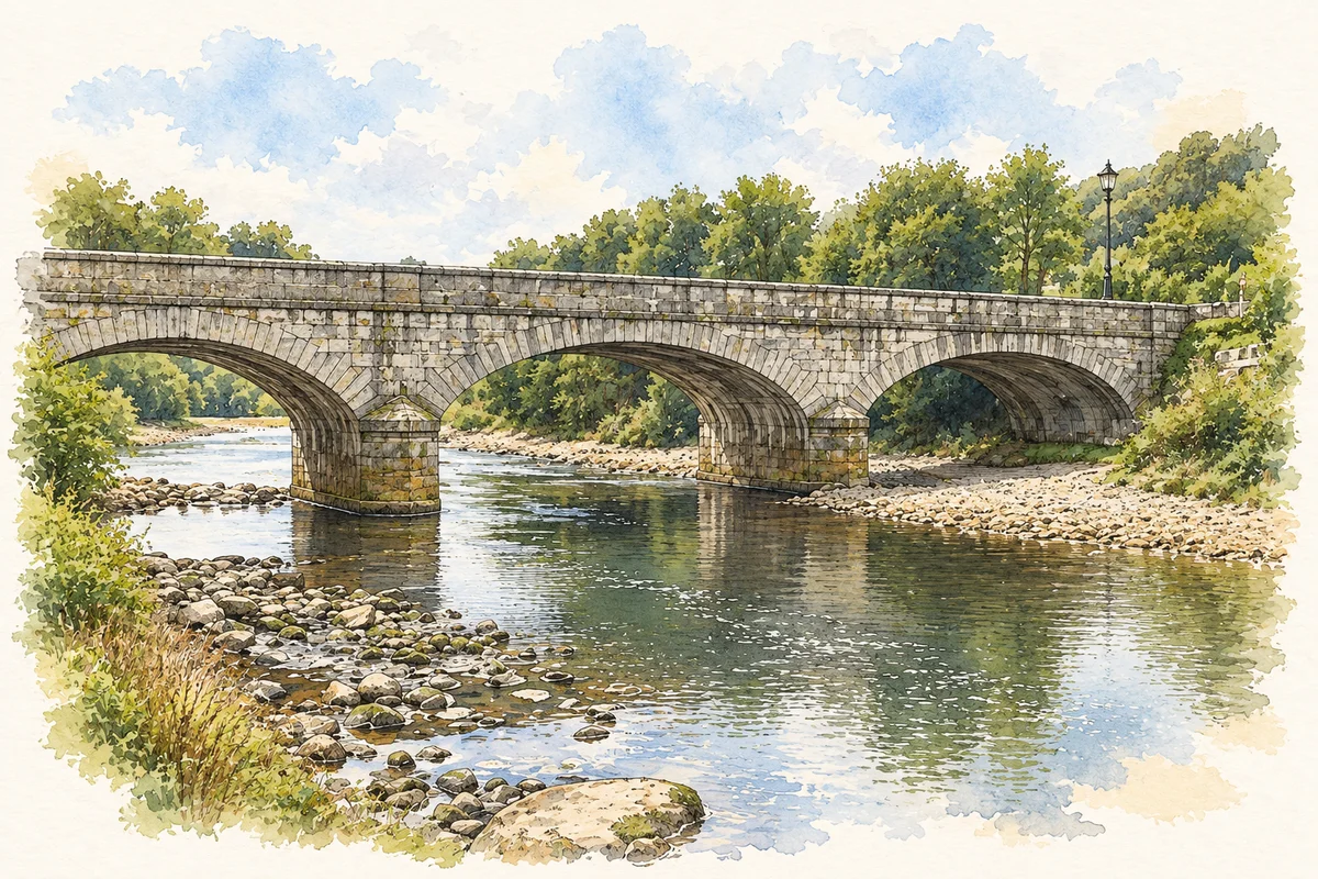 Watercolour and ink of the three granite arches of Avoca Bridge over the river.