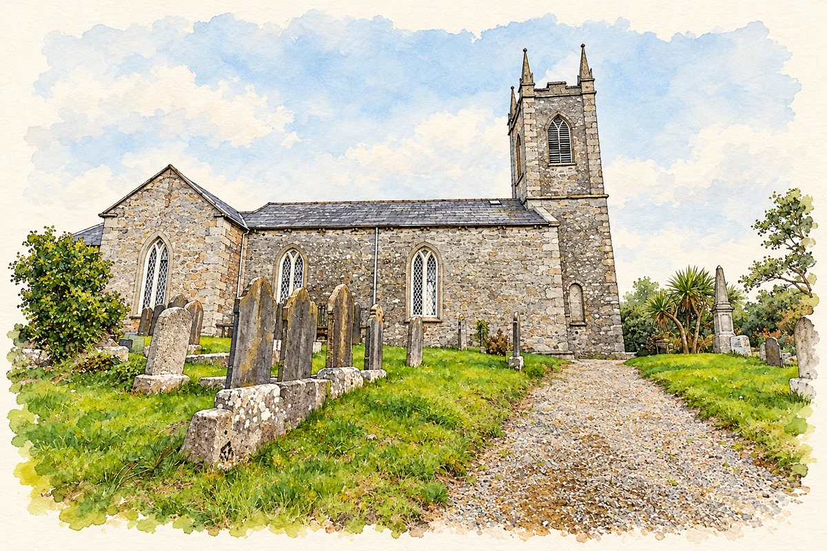 Watercolour and fine ink illustration of Newcastle Church of Ireland church, County Wicklow.
